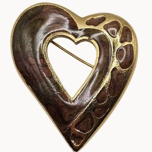 Vtg Berebi Heart Brooch Gold Tone Multicolor Enamel Statement 1.75" Animal Print
